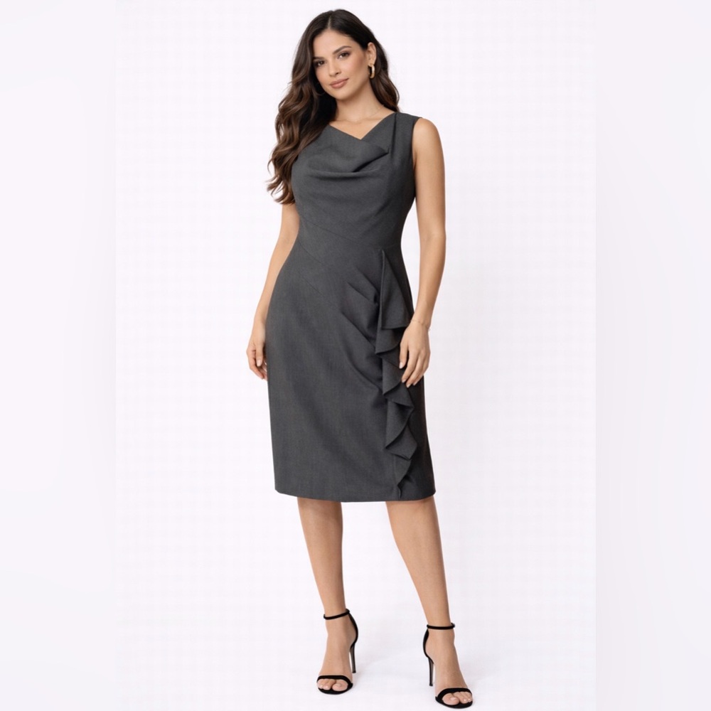 Calvin Klein Dress Gray 8 Ruffle Sheath Career Church Sleeveless